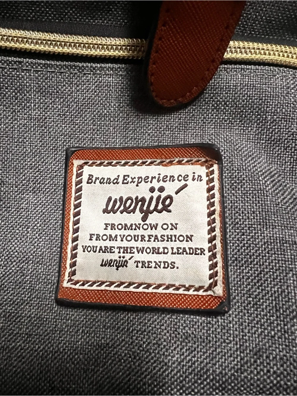 Wenjie Gray Canvas Backpack Brown Faux Leather Trim